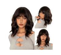 Wear and Go Glueless 14inch Short Wavy Wigs with Bangs, Curly Bob Shoulder Length Synthetic Colorful Wig for Women Daily Use(Brown)