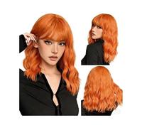 Wear and Go Glueless 14inch Short Wavy Wigs with Bangs, Curly Bob Shoulder Length Synthetic Colorful Wig for Women Daily Use(Orange)