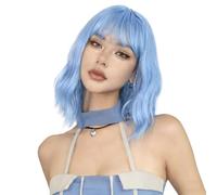 Wear and Go Glueless 14inch Short Wavy Wigs with Bangs, Curly Bob Shoulder Length Synthetic Colorful Wig for Women Daily Use(Blue)
