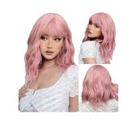 Wear and Go Glueless 14inch Short Wavy Wigs with Bangs, Curly Bob Shoulder Length Synthetic Colorful Wig for Women Daily Use(Pink)