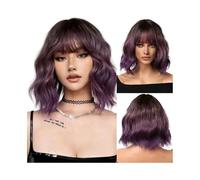 Wear and Go Glueless 14inch Short Wavy Wigs with Bangs, Curly Bob Shoulder Length Synthetic Colorful Wig for Women Daily Use(Dark Purple)
