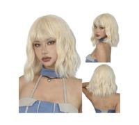 Wear and Go Glueless 14inch Short Wavy Wigs with Bangs, Curly Bob Shoulder Length Synthetic Colorful Wig for Women Daily Use(Platinum)