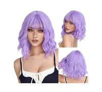 Wear and Go Glueless 14inch Short Wavy Wigs with Bangs, Curly Bob Shoulder Length Synthetic Colorful Wig for Women Daily Use(Light Purple)