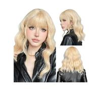 Wear and Go Glueless 14inch Short Wavy Wigs with Bangs, Curly Bob Shoulder Length Synthetic Colorful Wig for Women Daily Use(Blonde)
