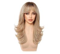 Wear and Go Glueless 20inch Women Long Curly Wig with Bangs, Ombre Brown Highlight Blonde Layered Romantic Wavy Synthetic Wigs for Daily Use