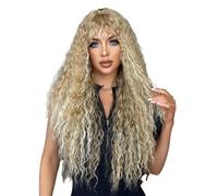 Wear and Go Glueless 32inch Blonde Afro Curly Wig with Bangs for Women, Kinky Synthetic Hair Puffy Wigs for Daily Wear
