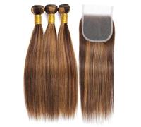 Wear and Go Glueless Miel Blonde Highlight Cheveux Humains, Faisceaux Avec Fermeture Faisceau Droit avec Dentelle, 4x4 '' Cheveux Bruts Brésiliens Armure Coudre Dans Les Extensions(14 16 18 with 12)