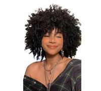 Wear and Go Glueless Perruque afro courte et bouclée for femme, cheveux crépus bruns mélangés, style bob synthétique avec frange(Black)