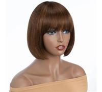 Wear and Go Glueless Perruque bob de 25 cm avec frange, perruque courte et lisse Remy for femme, idéale for les soirées quotidiennes.(Brown)