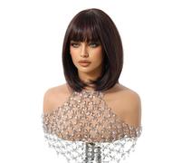 Wear and Go Glueless Perruque Bob marron foncé avec frange, perruques synthétiques courtes et lisses d'aspect naturel de 12 pouces for femmes for un usage quotidien