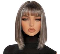 Wear and Go Glueless Perruque Bob Pixie courte de 14 pouces avec frange, perruques superposées brunes et blondes mélangées for femmes, cheveux synthétiques d'apparence naturelle