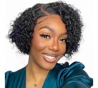 Wear and Go Glueless Perruque coupe pixie de 20 cm en cheveux humains, perruque bob courte et bouclée élégante, ondulations profondes, lace front 13x4 sans colle for femmes noires