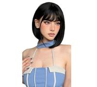 Wear and Go Glueless Perruque courte Bob de 30 cm avec frange for femme, perruque synthétique tendance for un usage quotidien(Black)