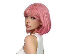 Wear and Go Glueless Perruque courte Bob de 30 cm avec frange for femme, perruque synthétique tendance for un usage quotidien(Pink)