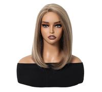 Wear and Go Glueless Perruque courte for femme, cheveux synthétiques lisses en dentelle avec petite dentelle, perruques à reflets bruns aux épaules