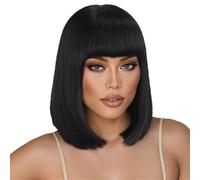 Wear and Go Glueless Perruque courte noire au carré avec frange, perruque en cheveux synthétiques lisses de 35,5 cm (14 pouces) for usage quotidien