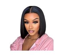 Wear and Go Glueless Perruque courte noire de 30 cm (12 pouces) au carré, lisse, for femme, en fibres synthétiques, raie au milieu, idéale au quotidien.