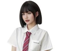 Wear and Go Glueless Perruque courte noire lisse de 30 cm avec frange, coupe au carré, longueur épaules, cheveux synthétiques en fibre for femme