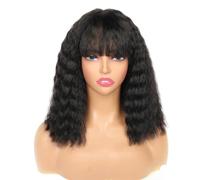 Wear and Go Glueless Perruque courte ondulée de 30 cm avec frange for femme, coupe au carré mi-longue, cheveux crépus bouclés, en fibres synthétiques, idéale au quotidien, densité 120.(Natural Black)