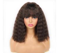 Wear and Go Glueless Perruque courte ondulée de 30 cm avec frange for femme, coupe au carré mi-longue, cheveux crépus bouclés, en fibres synthétiques, idéale au quotidien, densité 120.(Brown)