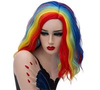 Wear and Go Glueless Perruque courte ondulée et bou de 30 cm for femme, cheveux synthétiques résistants à la chaleur, idéale for Halloween, les déguisements, le cosplay et les fêtes.(Red yellow)