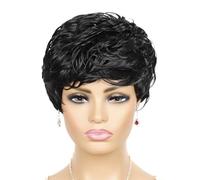 Wear and Go Glueless Perruque courte style pixie for femmes noires, perruque synthétique bouclée et ondulée avec frange, style permanent(Black)