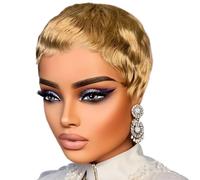 Wear and Go Glueless Perruque De Cheveux Humains Coupe Lutin 4 Pouces for Femmes, Blonde Courte Et Droite Avec Frange, Bonnet En Filet Rose Sans Dentelle Sur Le Devant