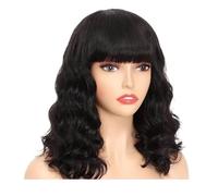 Wear and Go Glueless Perruque de cheveux humains ondulés naturels noirs avec frange, sans dentelle, cheveux vierges brésiliens, sans colle, for tous les jours(8 inch)