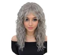 Wear and Go Glueless Perruque longue bou et ondulée for femme avec frange, perruque synthétique de 50 cm (20 pouces) for usage quotidien(Grey)