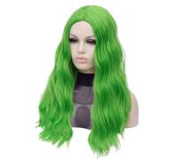 Wear and Go Glueless Perruque longue bouclée et ondulée verte de 61 cm (24 pouces) for femme, cheveux synthétiques, perruque de remplacement en fibre avec raie sur le côté for cosplay