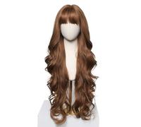 Wear and Go Glueless Perruque longue marron miel avec frange for femme, perruques synthétiques ondulées naturelles for usage quotidien en cosplay