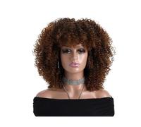 Wear and Go Glueless Perruques Afro bouclées crépues de 16 pouces avec frange, perruque en Fiber synthétique douce et moelleuse sans dentelle for fête Cosplay usage quotidien(Gradient Brown)