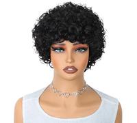 Wear and Go Glueless Perruques afro sans colle de cheveux humains bouclés courts for femmes avec frange, boucles lâches à porter sans perruque avant en dentelle(Natural Black)