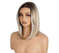 Wear and Go Glueless Perruques Bob Lace Front Wig HD courtes for femmes, 12 pouces, avec frange de rideau, perruque synthétique pré-épilée for un usage quotidien(Blonde)