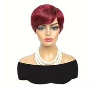 Wear and Go Glueless Perruques courtes coupe lutin de 6 pouces for femmes, cheveux humains superposés avec frange, perruque sans colle for un usage quotidien(Wine Red)