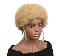 Wear and Go Glueless Perruques courtes crépues bouclées sans colle for femmes, cheveux humains d'apparence naturelle des années 70 avec frange, cheveux bouffants rebondissants(Dark Blonde)