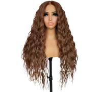 Wear and Go Glueless Perruques longues brunes for femmes, cheveux synthétiques bouclés ondulés superposés et pelucheux for un usage quotidien(24 inch)
