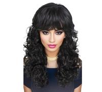 Wear and Go Glueless Perruques synthétiques longues noires bouclées for femmes avec frange, ondulées, aspect naturel, fibres résistantes à la chaleur, for un usage quotidien(Natural Black)