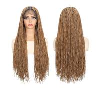 Wear and Go Glueless Perruques tressées longues et ondulées, perruque tressée carrée sans nœuds 360 Full Lace synthétique bouclée style Boho for cheveux de femmes noires(Brown)