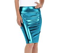 WEAR THE FASHION Jupe crayon moulante taille haute en PVC brillant effet mouillé pour femme, turquoise, 40-42