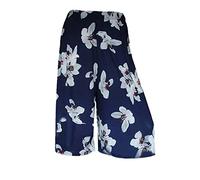 WEAR THE FASHION Jupe-culotte courte extensible à taille élastique pour femme, longueur 3/4, jambe large, grande taille, Lys blanc bleu marine, 48-50