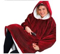 Wearable Robe Couvertures Polaire en Peluche à Manches Huggle Hoodie Plaid Chaud Sweat à Capuche Robe de Chambre Rouge Vineux