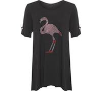 WearAll Femmes Plus Diamante Flamant Haut Dames Imprimer Court Manche Swing Évasée T-Shirt - Noir - 48