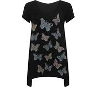 WearAll - Grande Taille Papillon imprimé Mouchoir Ourlet irrégulier t-Shirt Top à Manches Courts - Noir - 48
