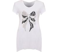 WearAll - T-Shirt Top Longue Ourlet Mouchoir Imprimé Dentelles et Arc en Clouté á Manches Courts - Hauts - Femmes - Blanc - 50-52