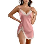 Weardear Nuisette à Bretelles Femme Satin Chemise de Nuit Sexy Courte Col en V Robe de Nuit Dentelle Rose