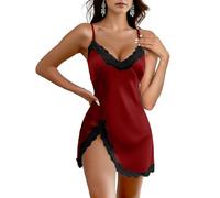 Weardear Nuisette Femme Satin Sexy Dentelle Chemise de Nuit Col V Courte Robe de Nuit Bretelles Réglables Rouge