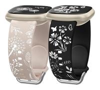 Wearlizer Pack de 2 Bracelets avec Fleurs Gravées Compatibles avec Bracelets Fitbit Versa 3/Versa 4/Sense 2/Sense pour Femmes, Joli Bracelet de Rechange Sportif en Silicone Souple Bicolore, Only for