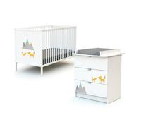 WEBABY - Duo Lit Bébé et Commode Renard Blanc | Lit 60x120 | Sommier réglable 3 hauteurs | Commode à langer 3 tiroirs | Plan à langer amovible inclus