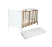 AT4 - Lit bébé évolutif avec matelas ESSENTIEL en bois 70 x 140 cm | 144 x 74 x 86,5 cm | Matelas 70x140 cm inclus | Sommier réglable 3 hauteurs (Blanc et Hêtre verni)